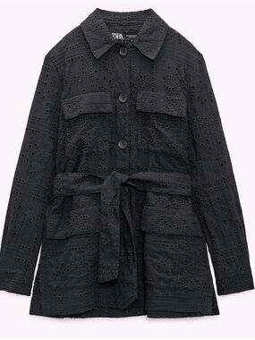 ZARA BLACK EYELET JACKET WITH BELT SIZE S NWT